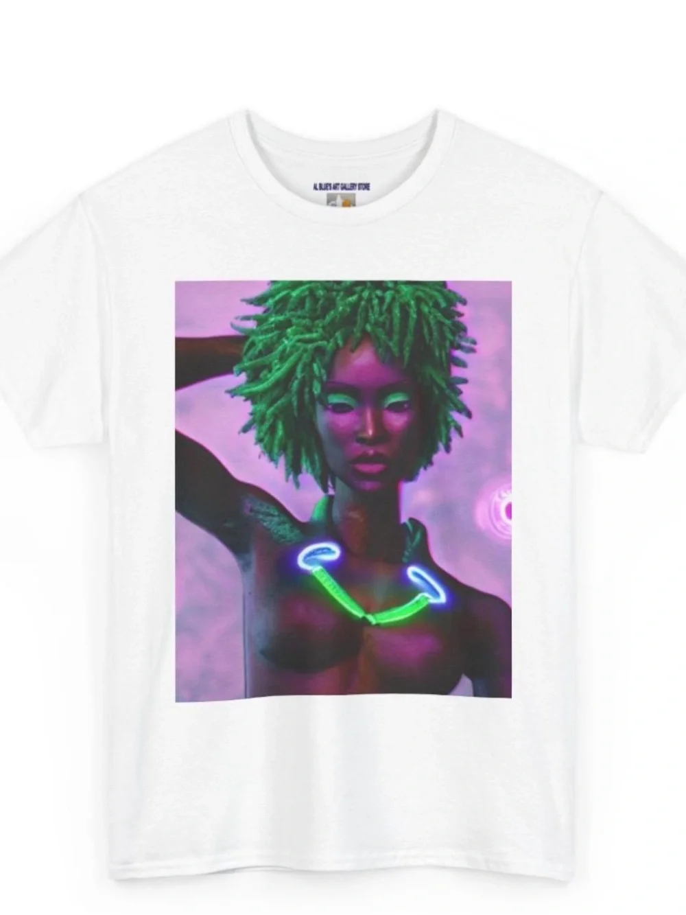 Al Blue designed,White Tee with Neon Green & Purple Graphic - Picture 1 of 2